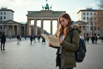 Jeune femme v&eacute;rifiant une carte pr&egrave;s de la porte de Brandebourg &agrave; Berlin