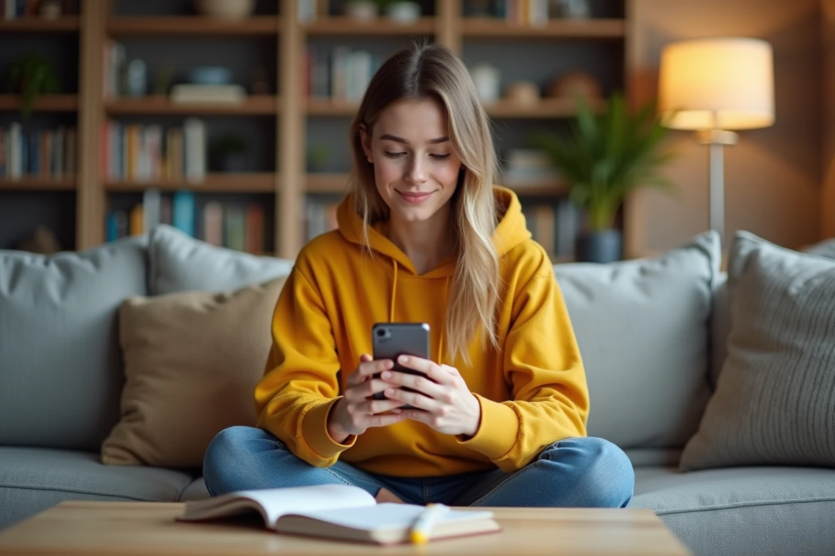 Jeune femme notant les horaires du service client BlaBlaCar depuis son canapé