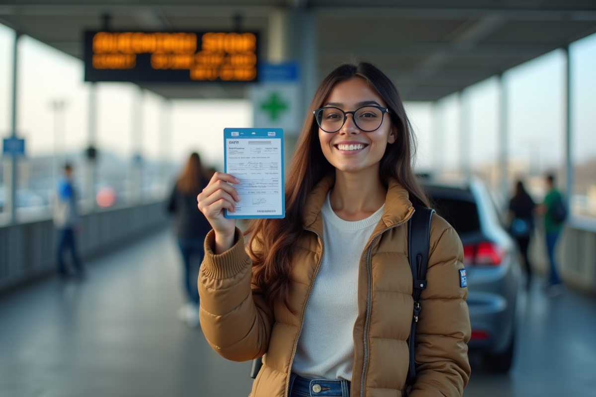 Jeune femme souriante montrant son permis de conduire à un poste frontière européen