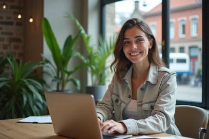 Jeune femme travaillant sur un ordinateur dans un espace coworking &agrave; Berlin