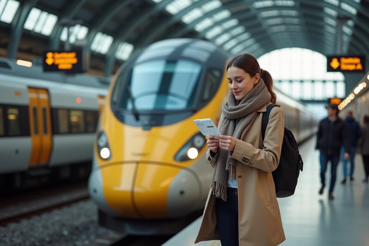 Jeune femme dans une gare Eurostar vérifiant son billet