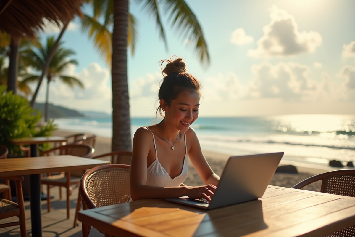 Jeune femme travaillant sur un ordinateur à la plage tropicale