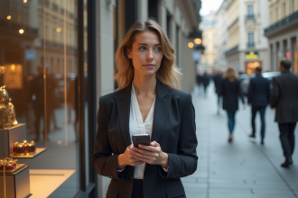 Jeune femme d'affaires regardant une vitrine de luxe en ville
