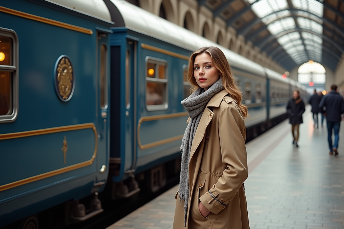 Jeune femme attendant devant le train Orient Express