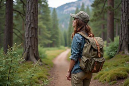 Jeune femme en randonnée dans la forêt avec fleurs sauvages
