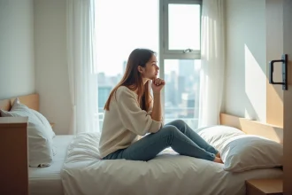 Jeune femme assise dans une chambre moderne et minimaliste