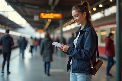 Jeune femme souriante v&eacute;rifiant un ticket &agrave; Florence