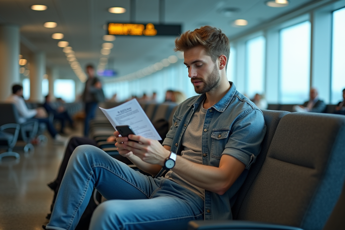 Jeune homme assis dans la salle d attente de l aéroport