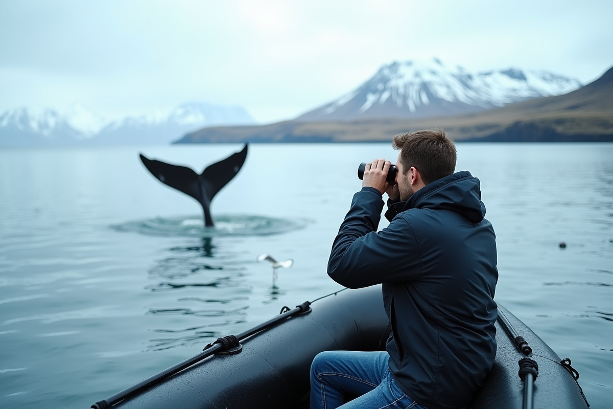 Jeune homme avec jumelles observe baleine dans bateau