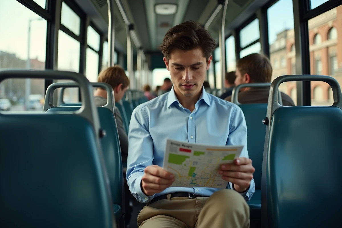 Jeune homme consultat un itinéraire dans un bus moderne