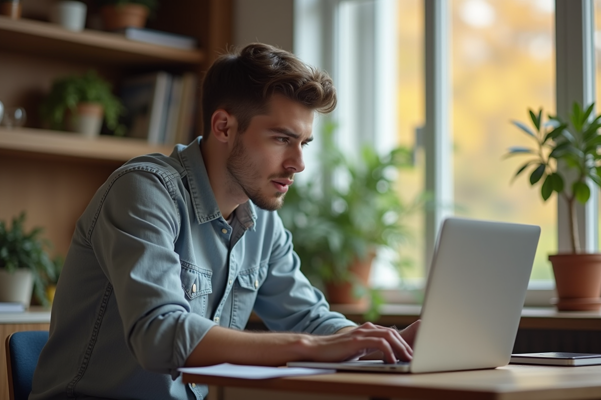 Jeune homme travaillant sur son ordinateur à la maison