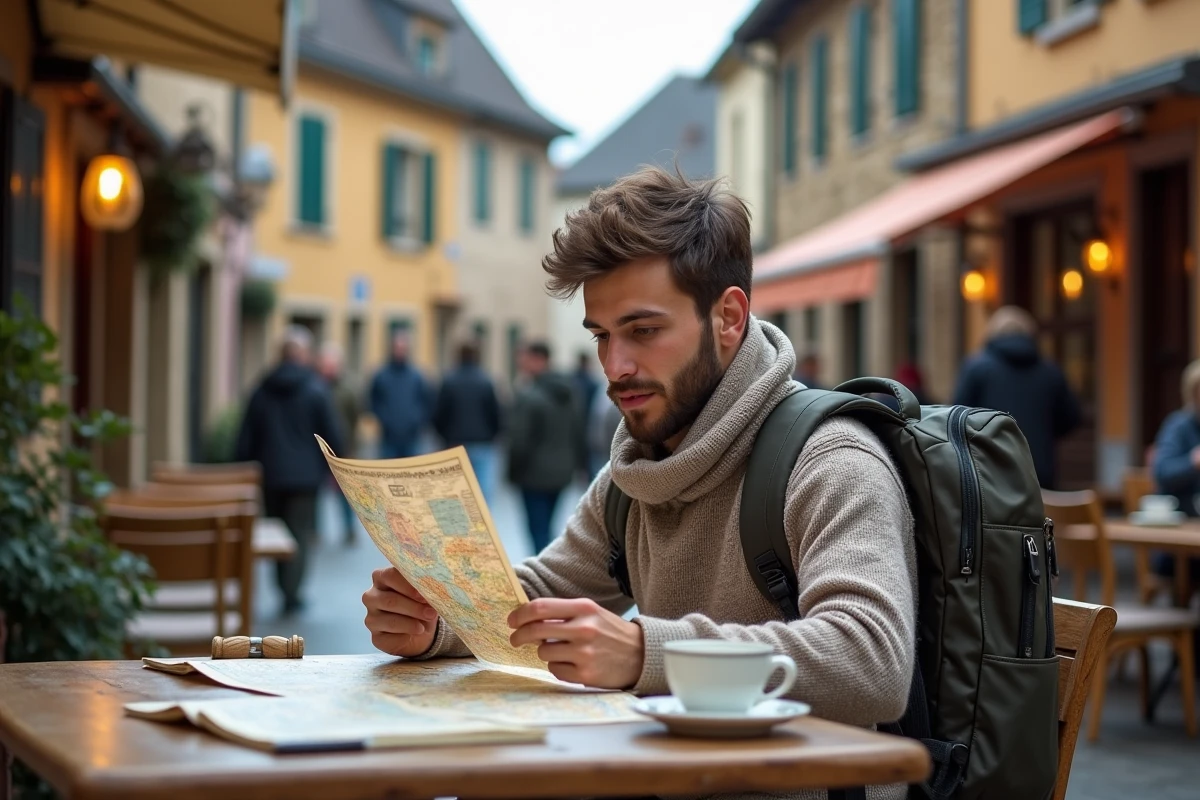 Jeune homme avec carte dans un village d