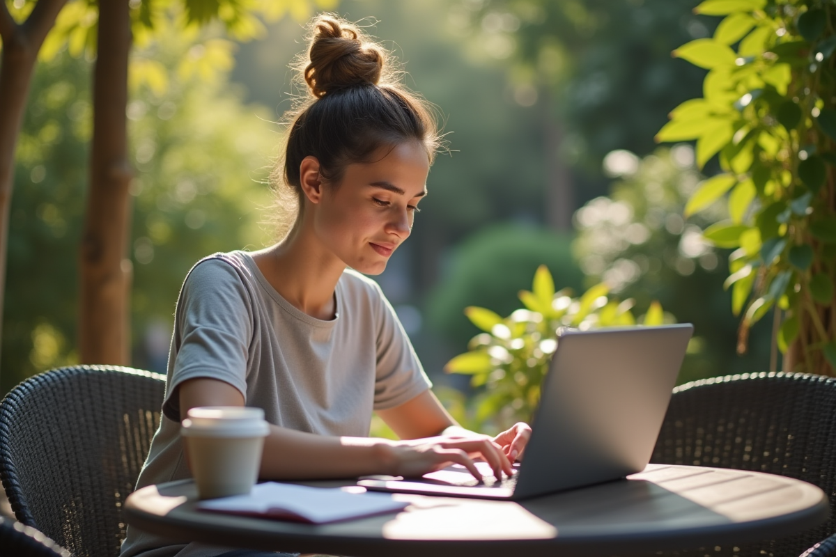 Jeune professionnel travaillant en extérieur avec un café