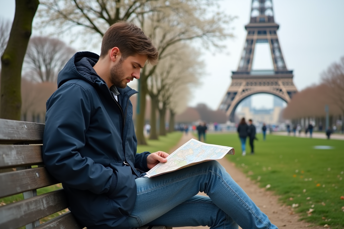 Jeune homme avec carte à Paris dans un parc