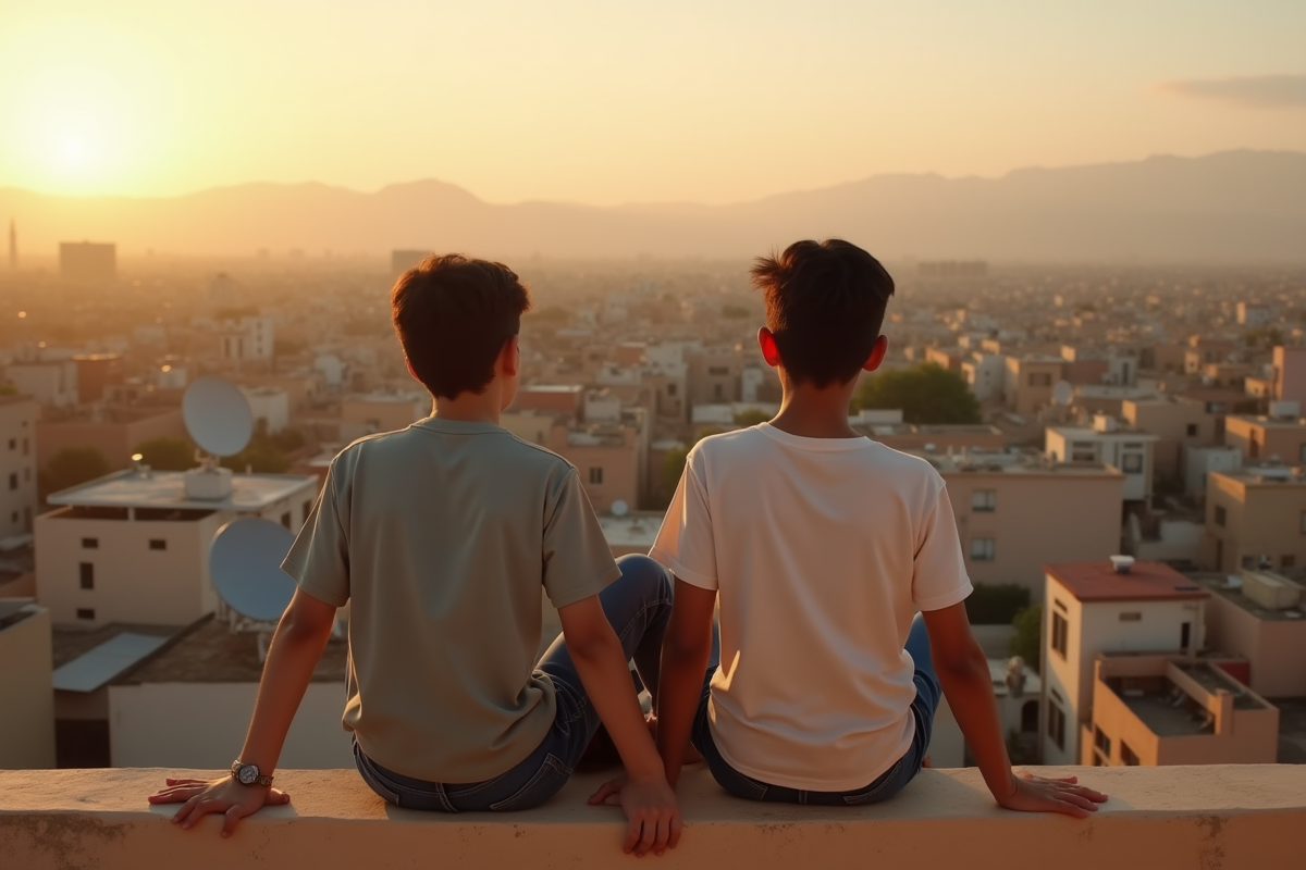 Deux adolescents assis sur un toit avec vue sur la ville au coucher du soleil