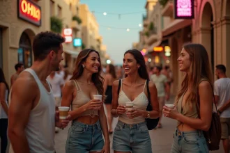 Groupe de jeunes adultes dans la rue animée de Paceville