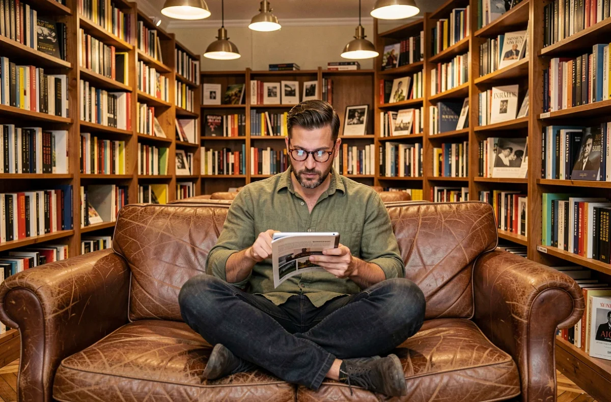 Jeune homme lisant un magazine culturel numérique sur tablette dans une librairie indépendante chaleureuse