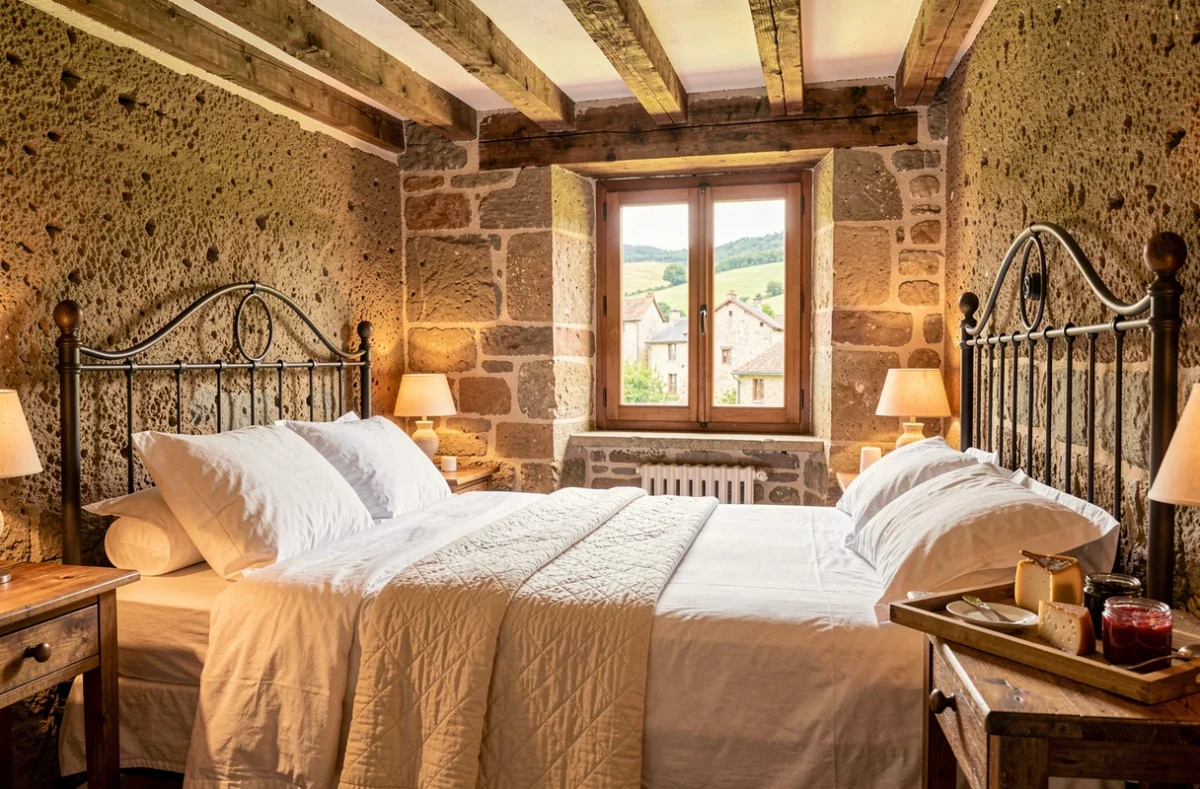 Chambre d'hôtes Les Escladines à Saint-Nectaire, intérieur en pierre volcanique avec vue sur le village médiéval