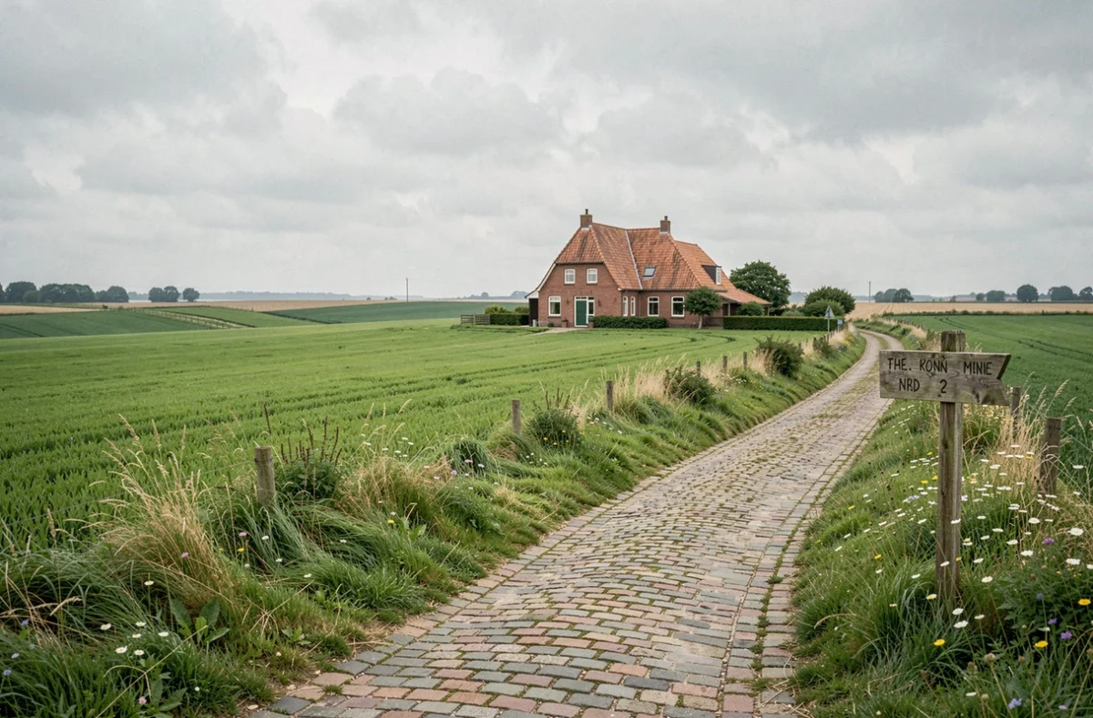 Paysage rural du Nord de la France avec ferme flamande en briques rouges et chemin pavé, illustrant les locations de vacances dans la région