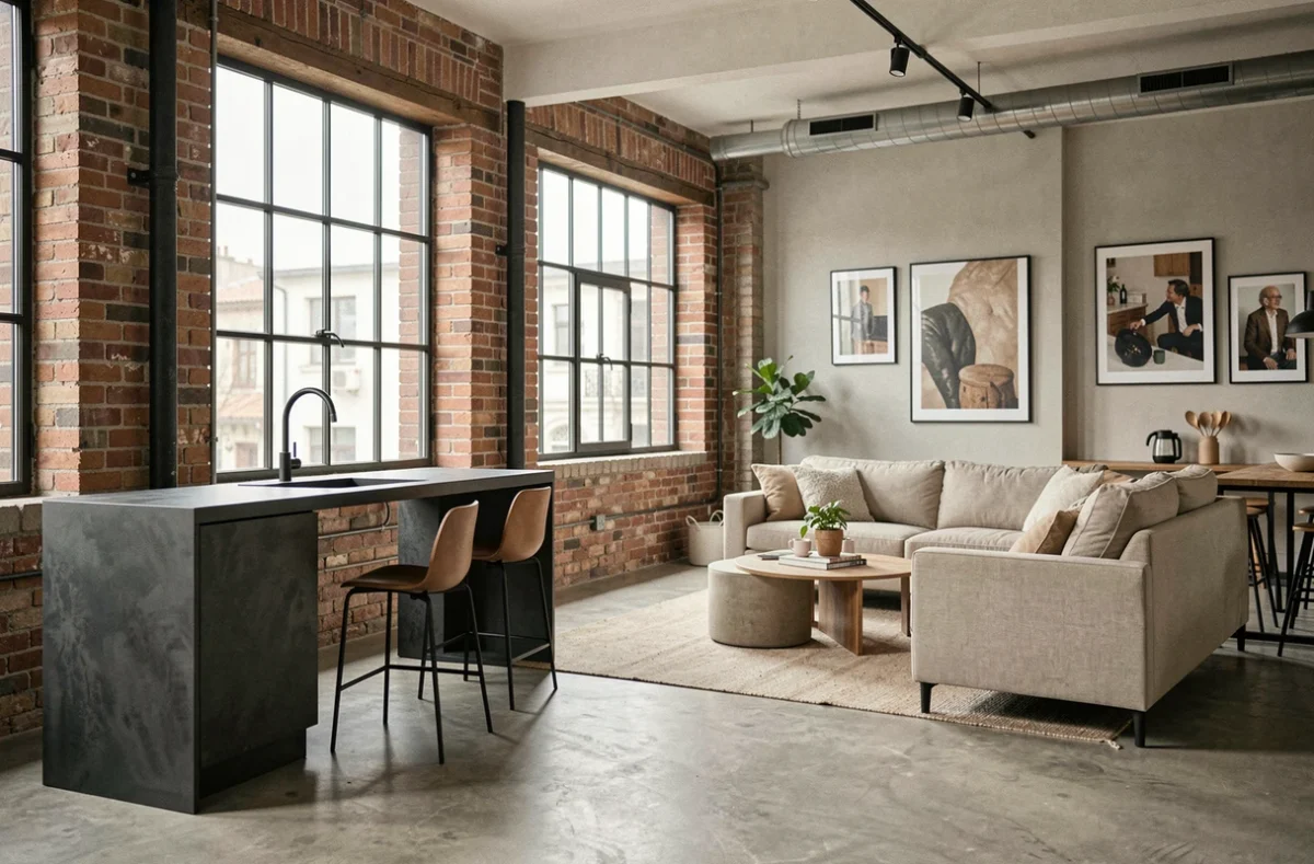 Intérieur d'un loft industriel chic à Vieux-Lille avec briques apparentes, béton poli et grandes fenêtres en acier