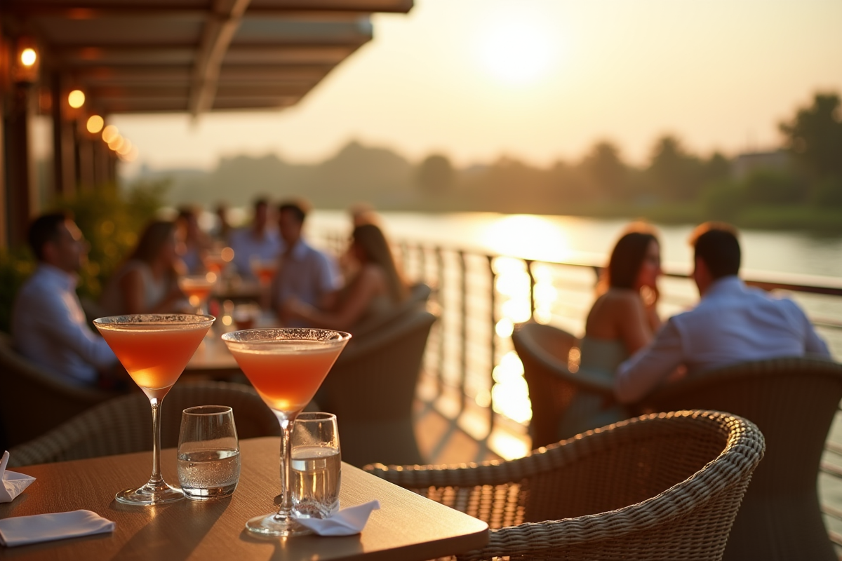 Espace lounge extérieur élégant sur un bateau Nile avec vue sur le fleuve
