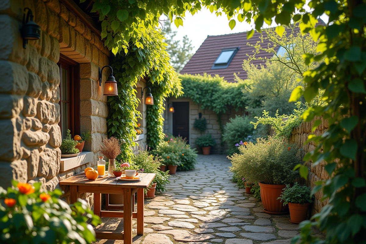 Maison de campagne avec terrasse petit déjeuner ensoleille