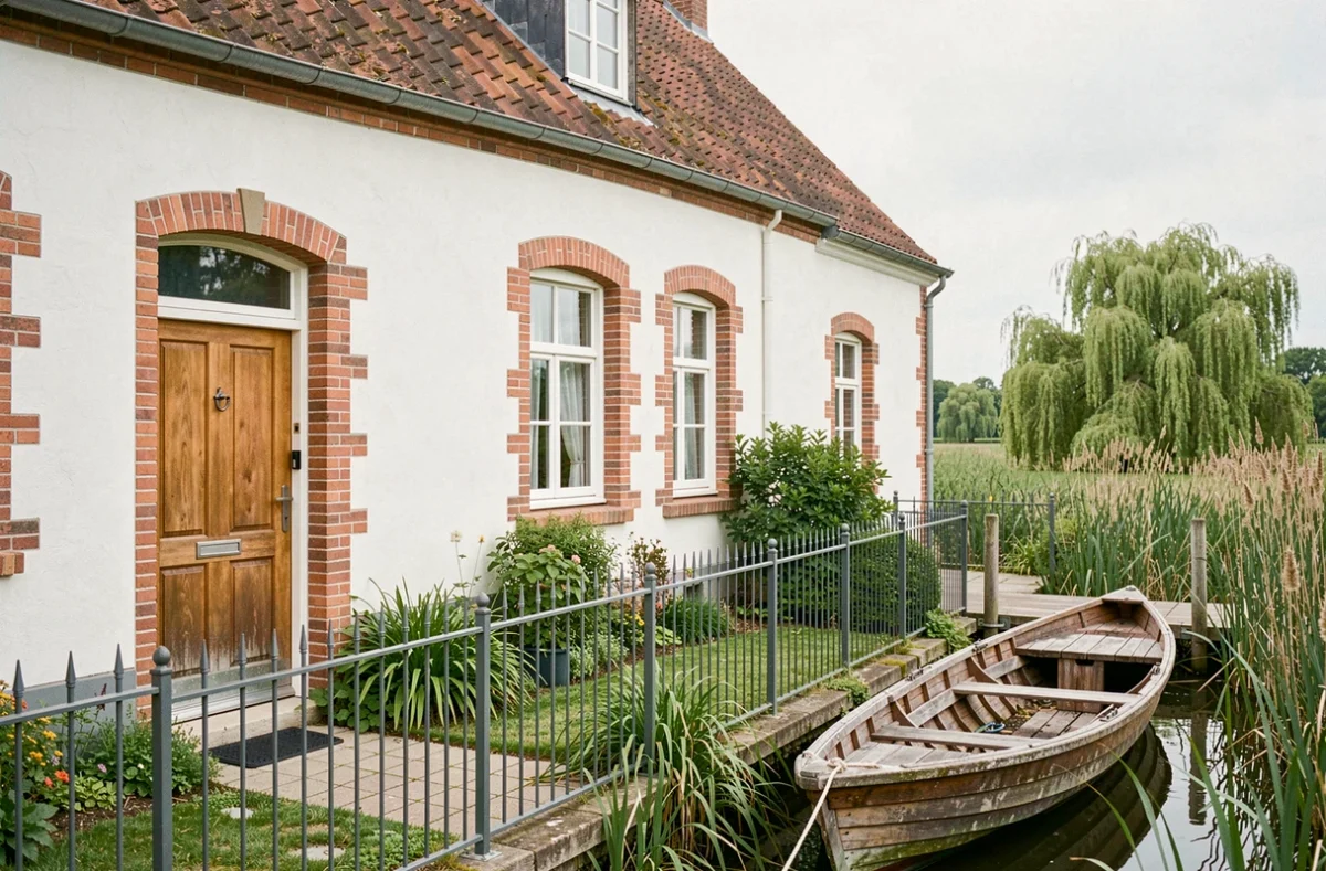 Maison bourgeoise blanche avec jardin et ponton au bord des hortillonnages près de Valenciennes