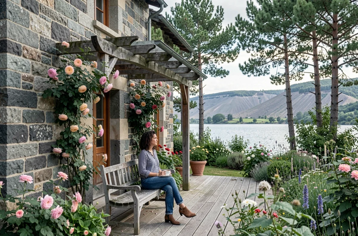 La Maison de Maidara à Aydat, terrasse fleurie d'une chambre d'hôtes avec vue sur le lac volcanique