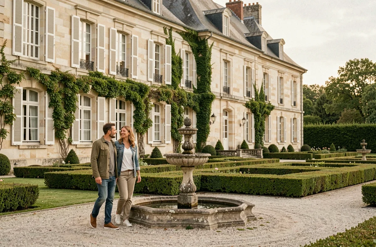 Façade du Manoir d'Aubeterre à Marsat, maison d'hôtes en pierre volcanique avec jardin formel