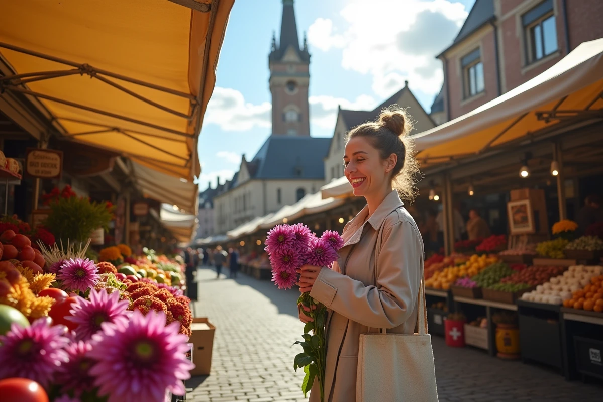 Femme faisant son marché sur une grand-place animée d'une petite ville belge en automne