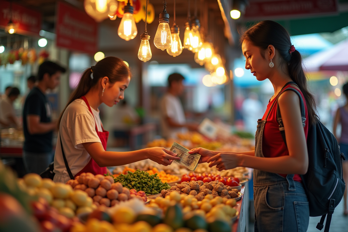Marché de rue en Thaïlande avec échanges de devises