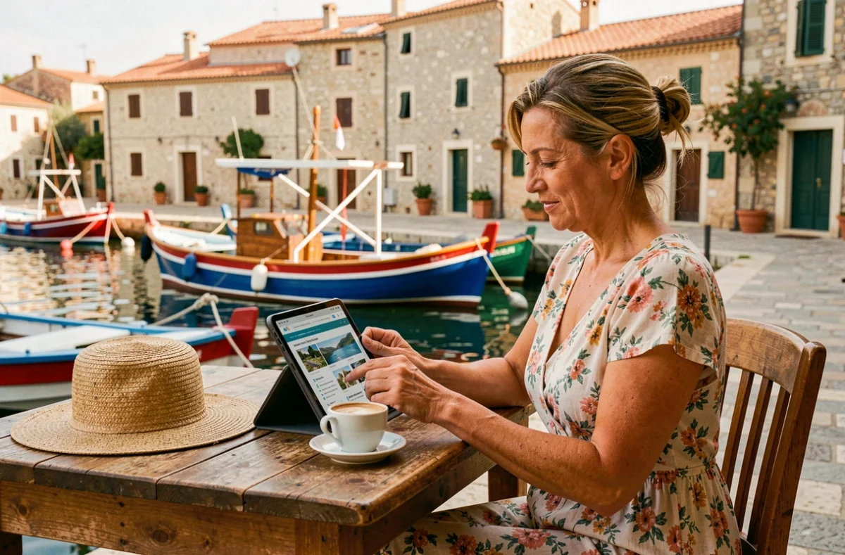 Mère de famille consultant un site d'informations touristiques sur tablette dans un café d'un port méditerranéen
