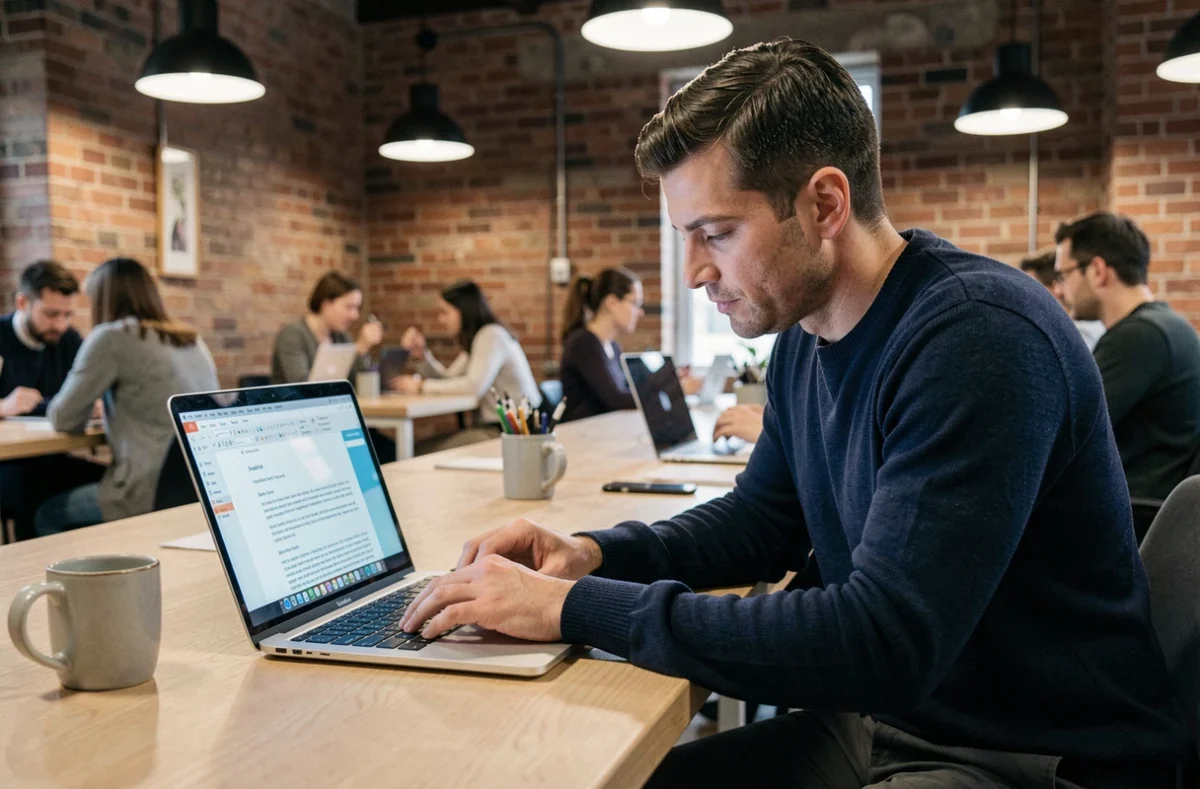 Homme en train de modifier un email de message d'absence dans un espace de coworking avec son ordinateur portable