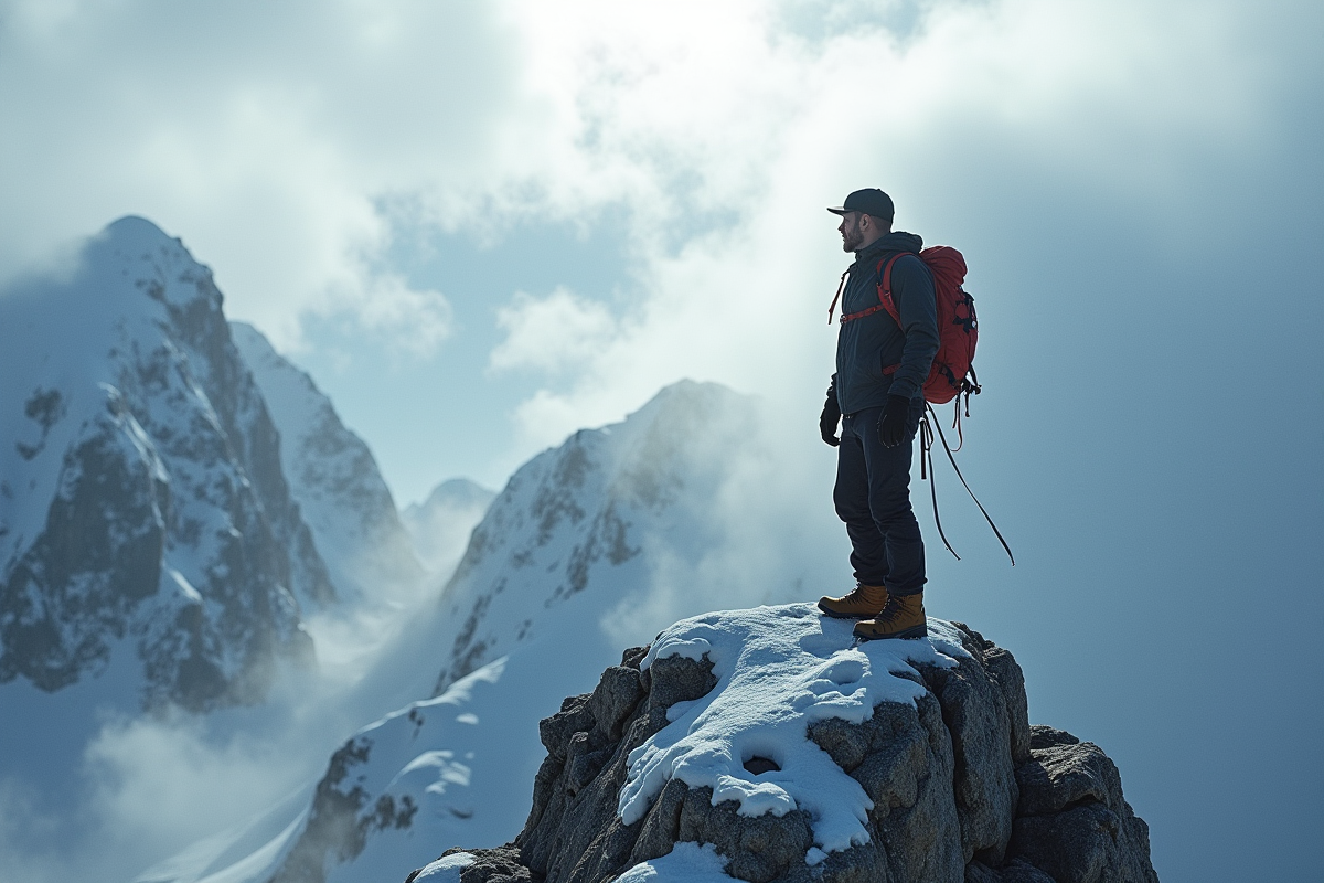 Alpiniste seul au sommet dans un temps difficile avec vents et nuages