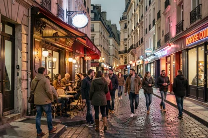 Rue animée de Montmartre la nuit avec des promeneurs devant les terrasses de café à Paris