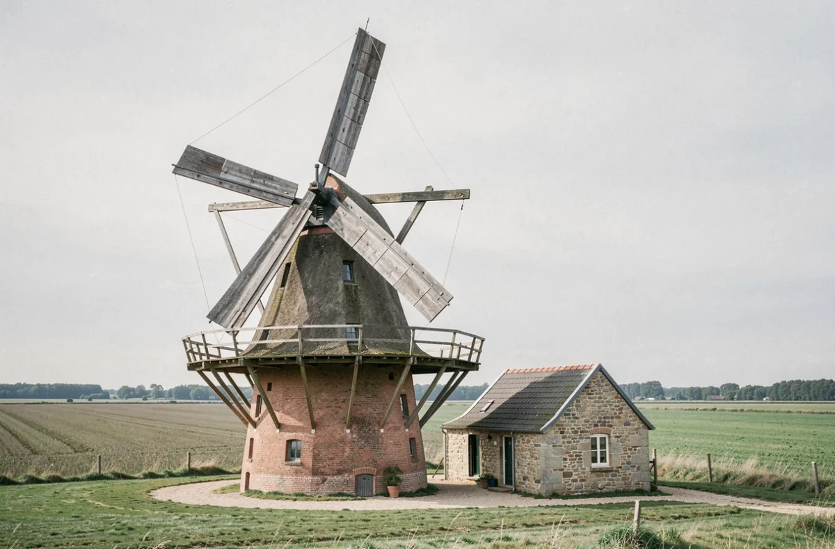 Moulin en briques restauré en gîte à Ledringhem avec ailes en bois et paysage agricole flamand à plat