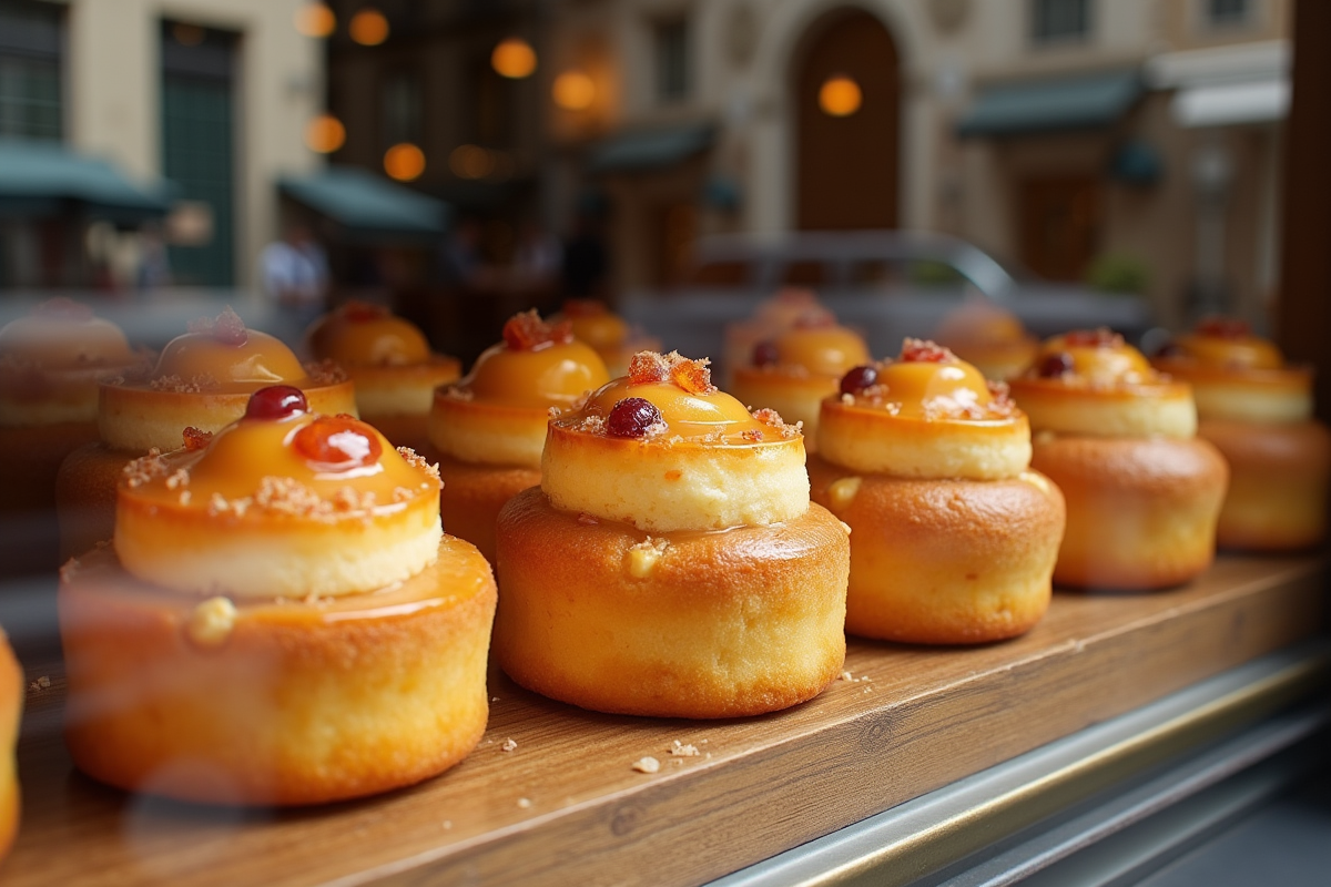Vitrine de pâtisserie avec nougats de Tours et reflets de la ville