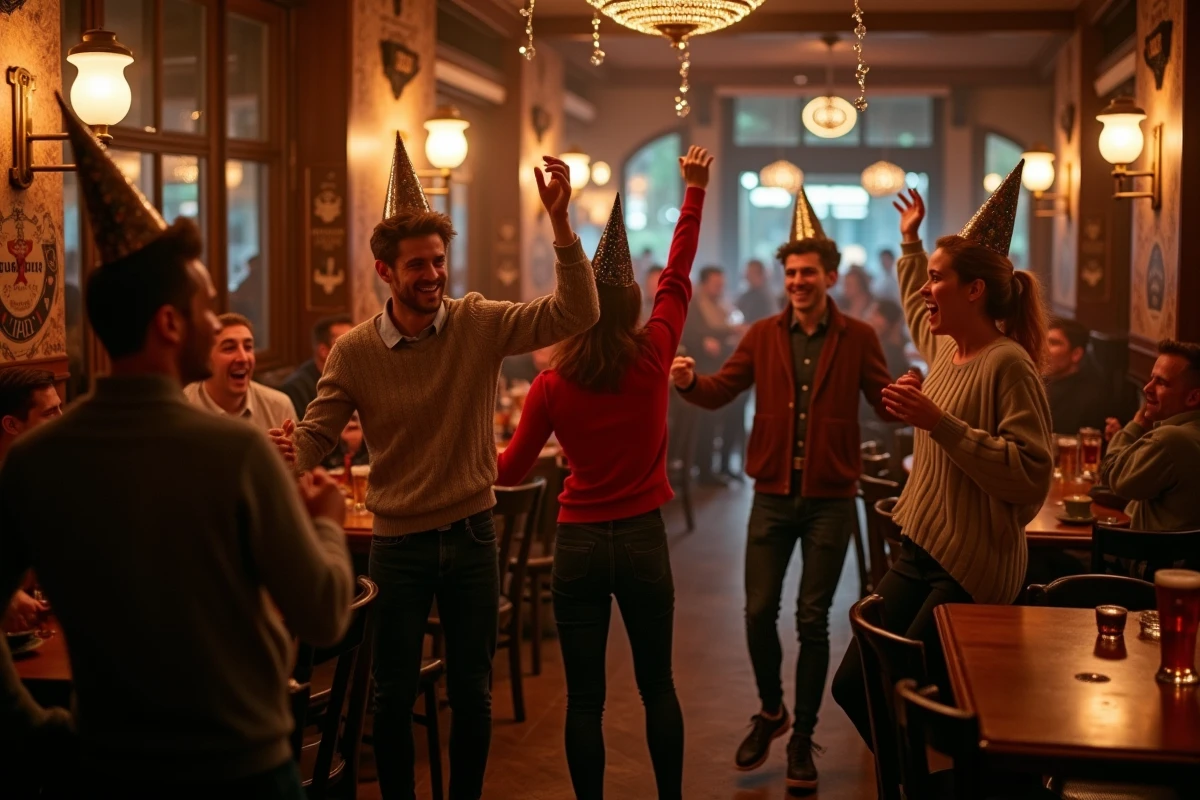 Groupe festif célébrant le Nouvel An dans une brasserie alsacienne traditionnelle de Strasbourg après minuit