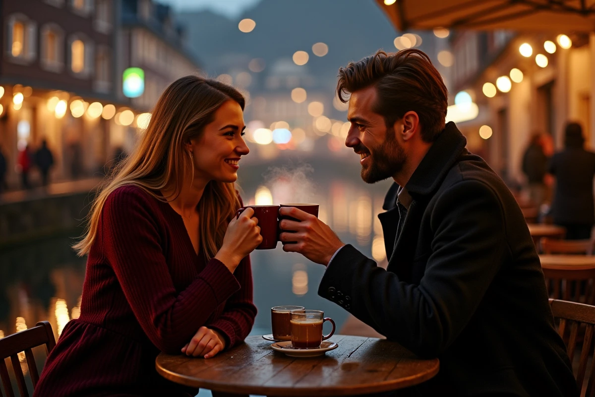 Couple profitant d'une terrasse nocturne dans le quartier de la Petite France à Strasbourg pour le Nouvel An