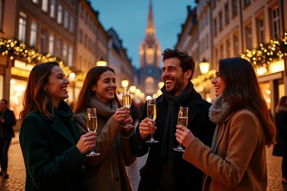 Groupe d'amis qui fête le Nouvel An devant la cathédrale de Strasbourg avec des coupes de champagne
