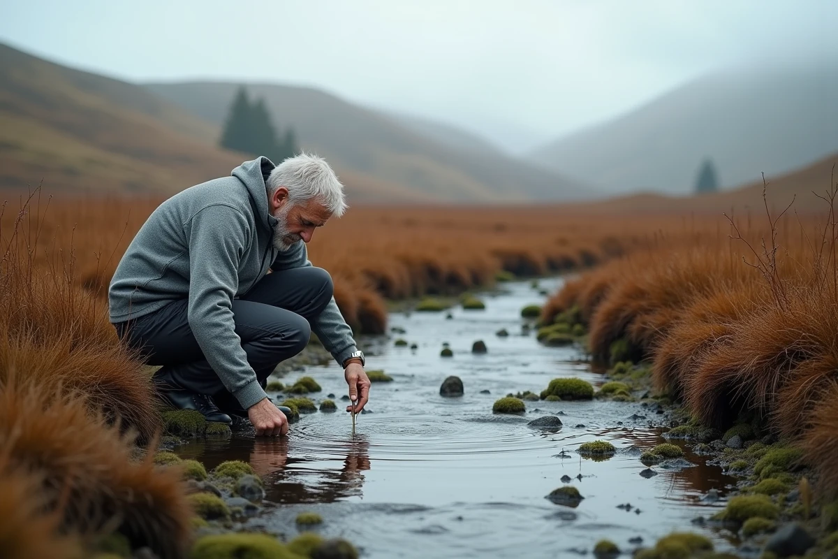 Homme observant la flore d'un ruisseau de tourbière dans les landes sauvages de l'île de Man lors d'une excursion nature