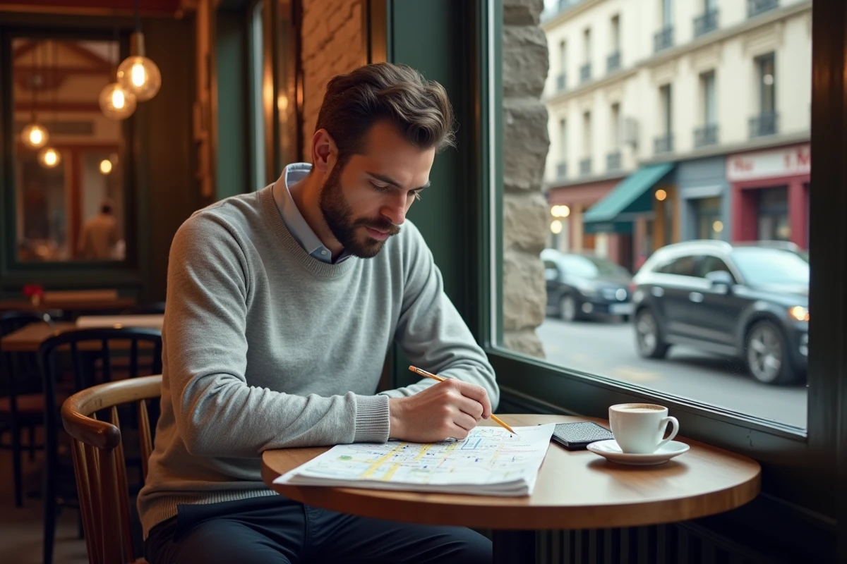Homme planifiant ses trajets avec une carte des zones Navigo 1 à 5 dans un café parisien