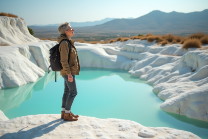 Femme en randonnée admirant les sources de Pamukkale