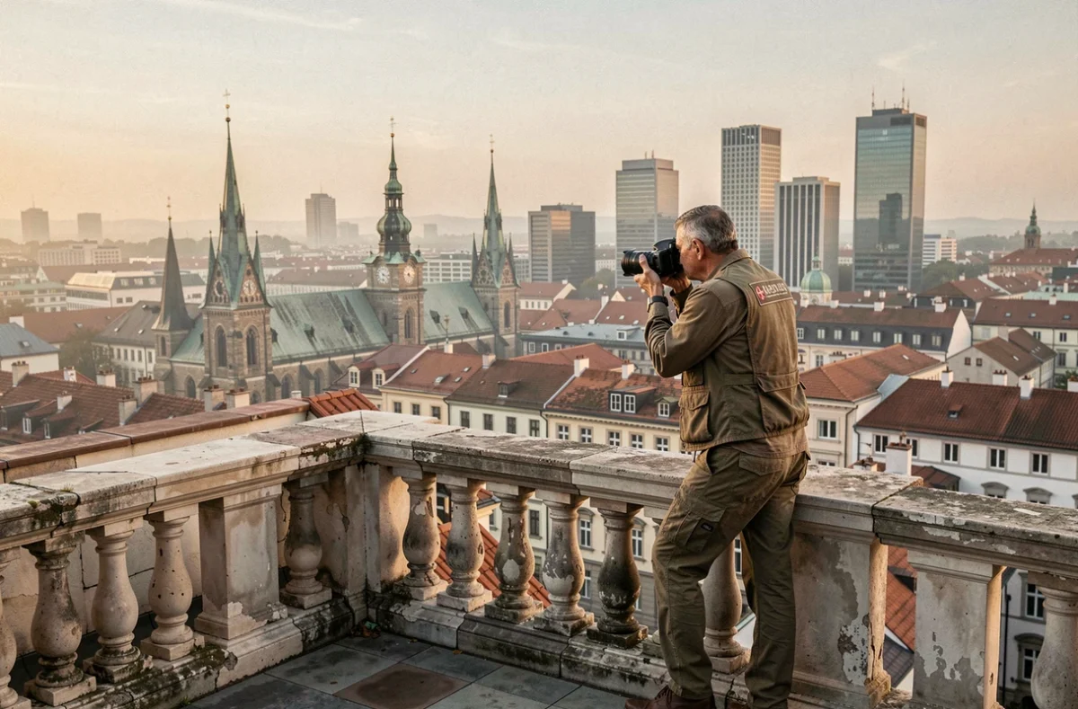 Photographe en train de capturer un panorama urbain depuis un toit dans une métropole touristique méconnue