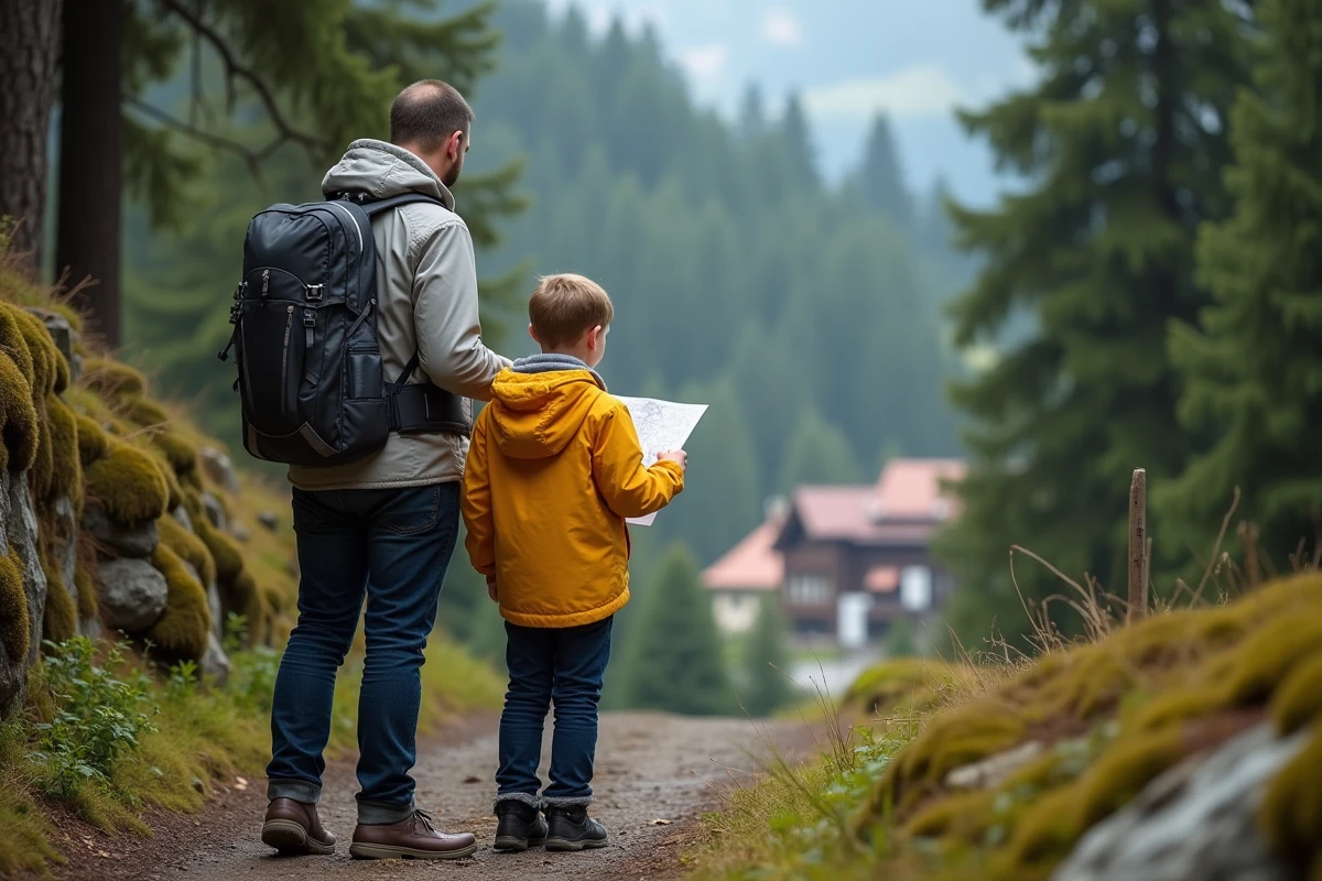 Pere et enfant en randonn&eacute;e dans la for&ecirc;t bavaroise