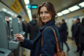 Femme utilisant son pass Navigo zones 1 à 5 sur un valideur dans le métro parisien