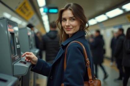 Femme utilisant son pass Navigo zones 1 à 5 sur un valideur dans le métro parisien