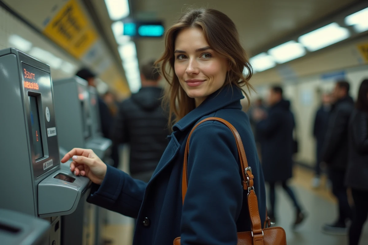Femme utilisant son pass Navigo zones 1 à 5 sur un valideur dans le métro parisien