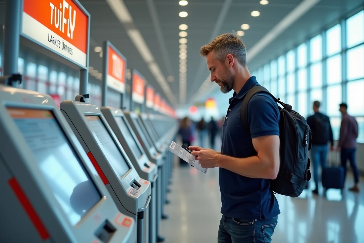 Passager TUI FLY utilisant une borne d'enregistrement automatique au terminal d'Orly