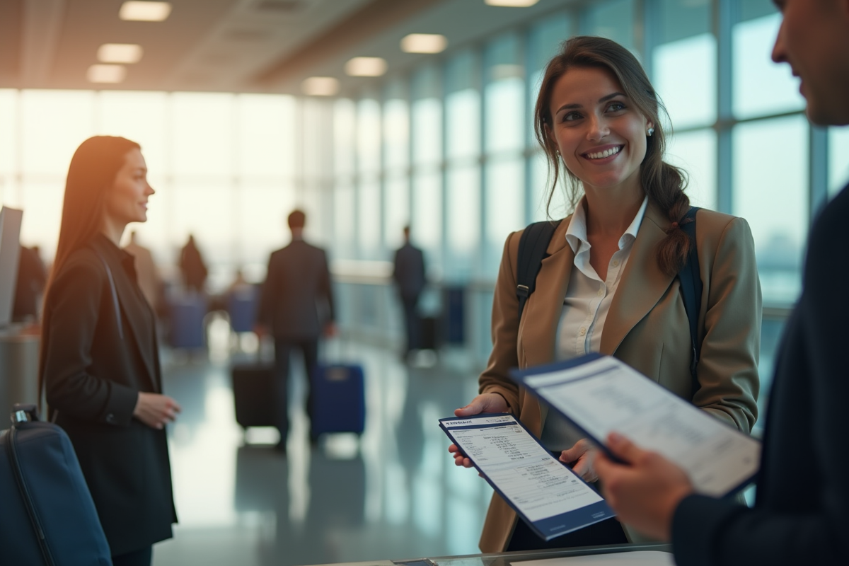 Personne à l'aéroport avec passeport et billet en interaction